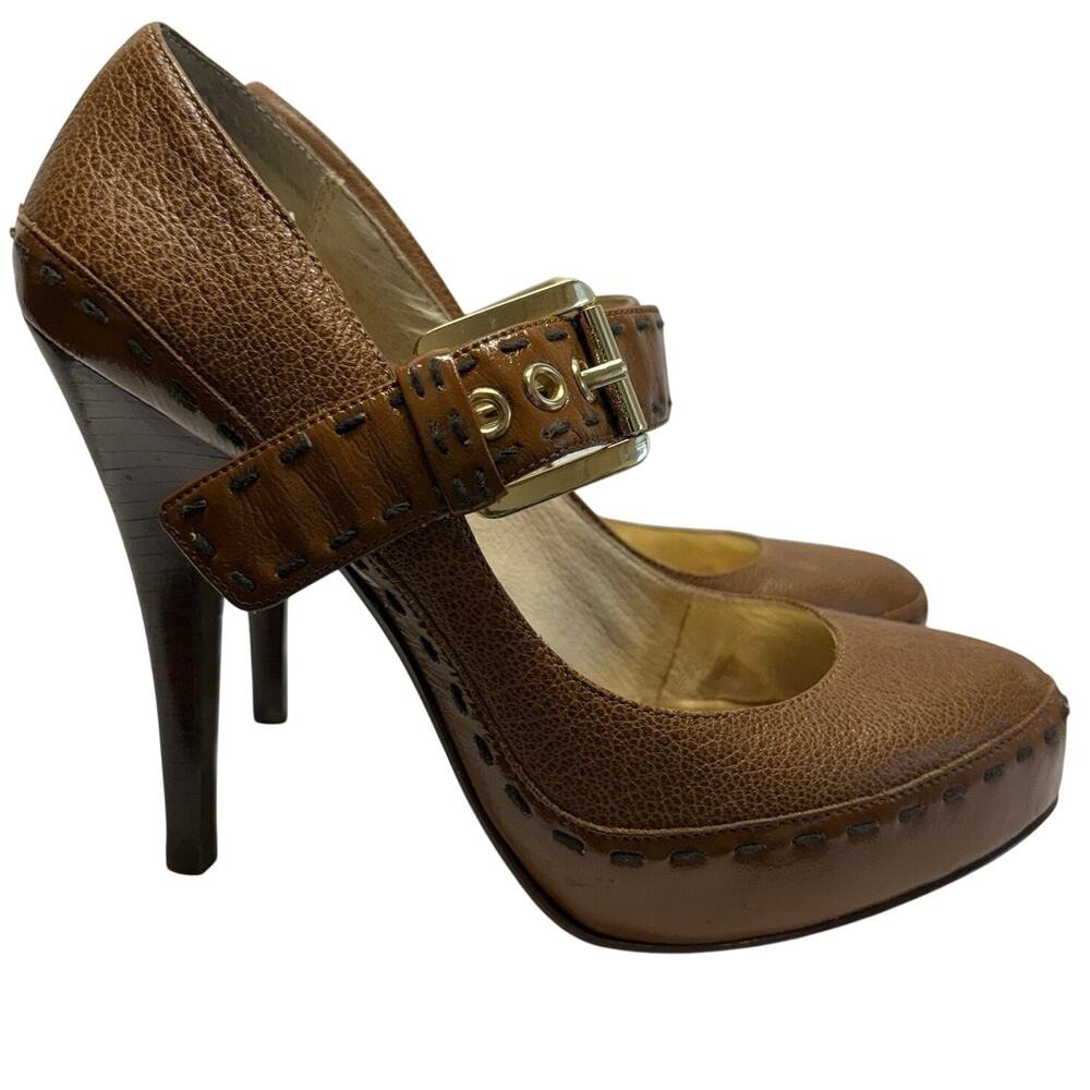 Michael Kors Platform Mary Janes Y2K Brown Leather High Heel Gold Buckle Pump 7M